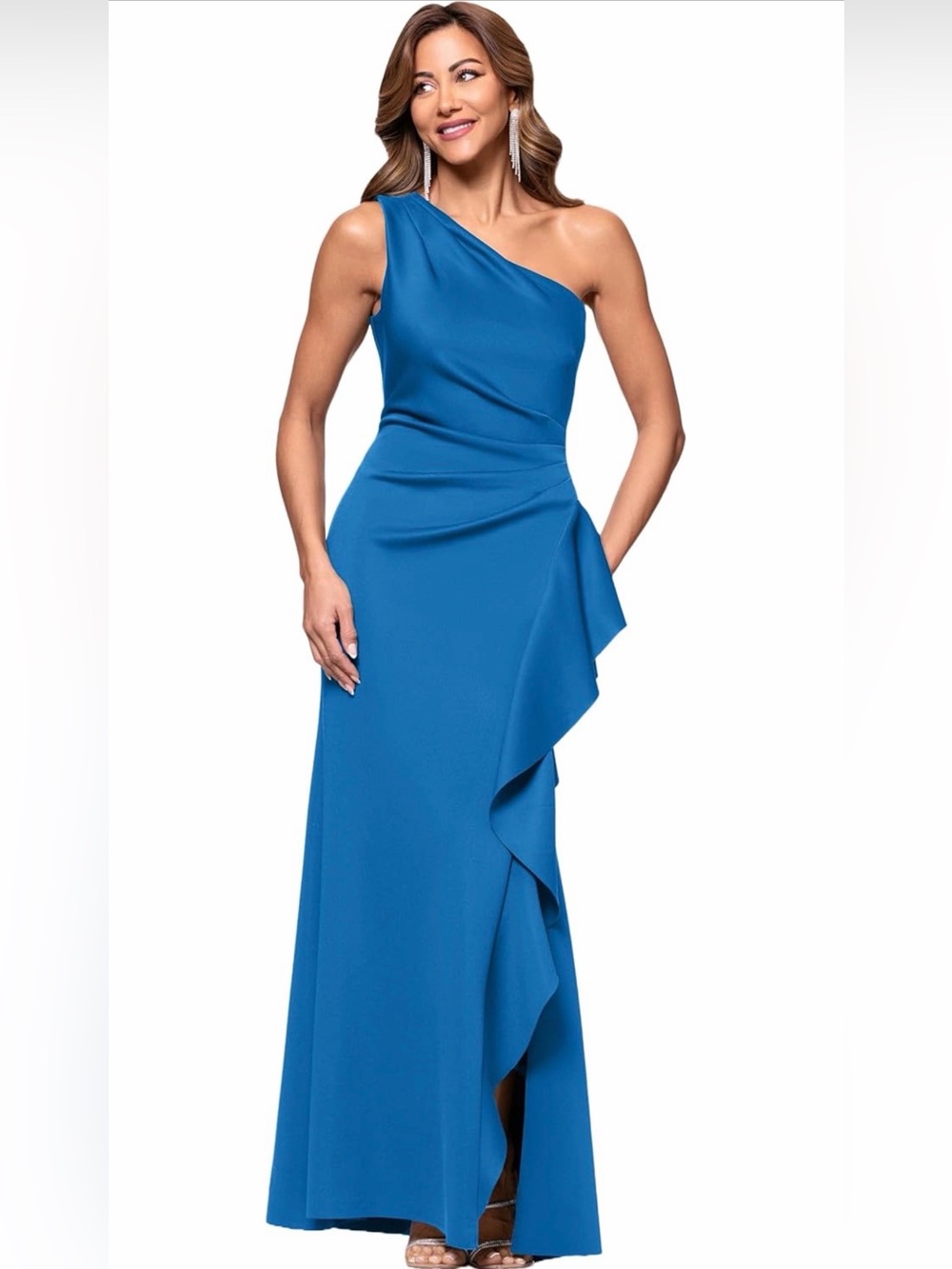 Xscape One Shoulder Evening Dress with Side Slit NWT